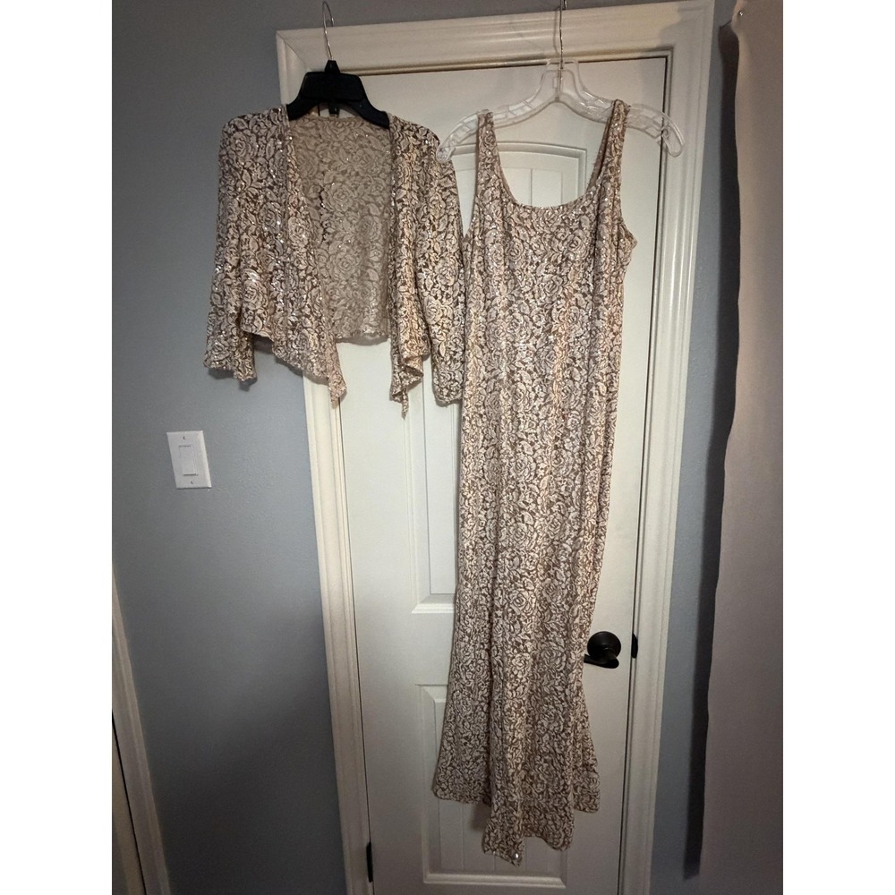 Alex Evenings Dress Jacket Set Womens 10P Beige Lace Sequin Maxi Formal 2 Pc